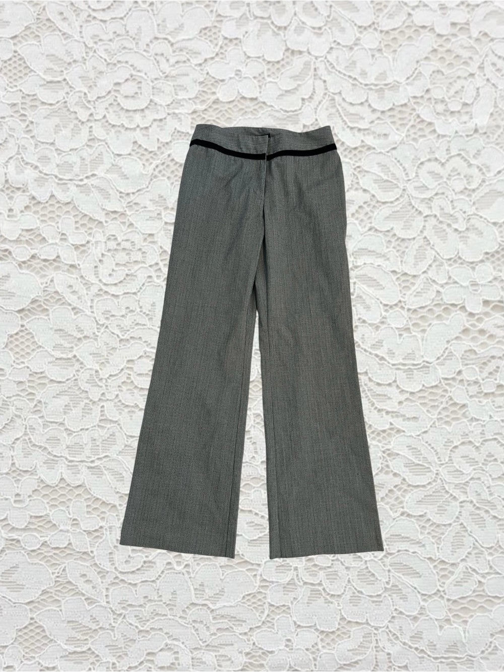 vintage y2k gray pinstripe office siren pants with black velvet waistband detail
